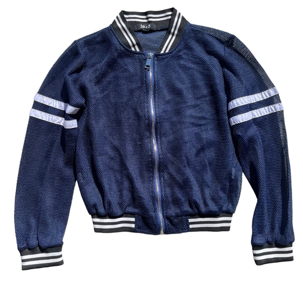 36.5 Women’s Sz Medium Navy Blue White Stripe Polyester Mesh Sheer Bomber Jacket